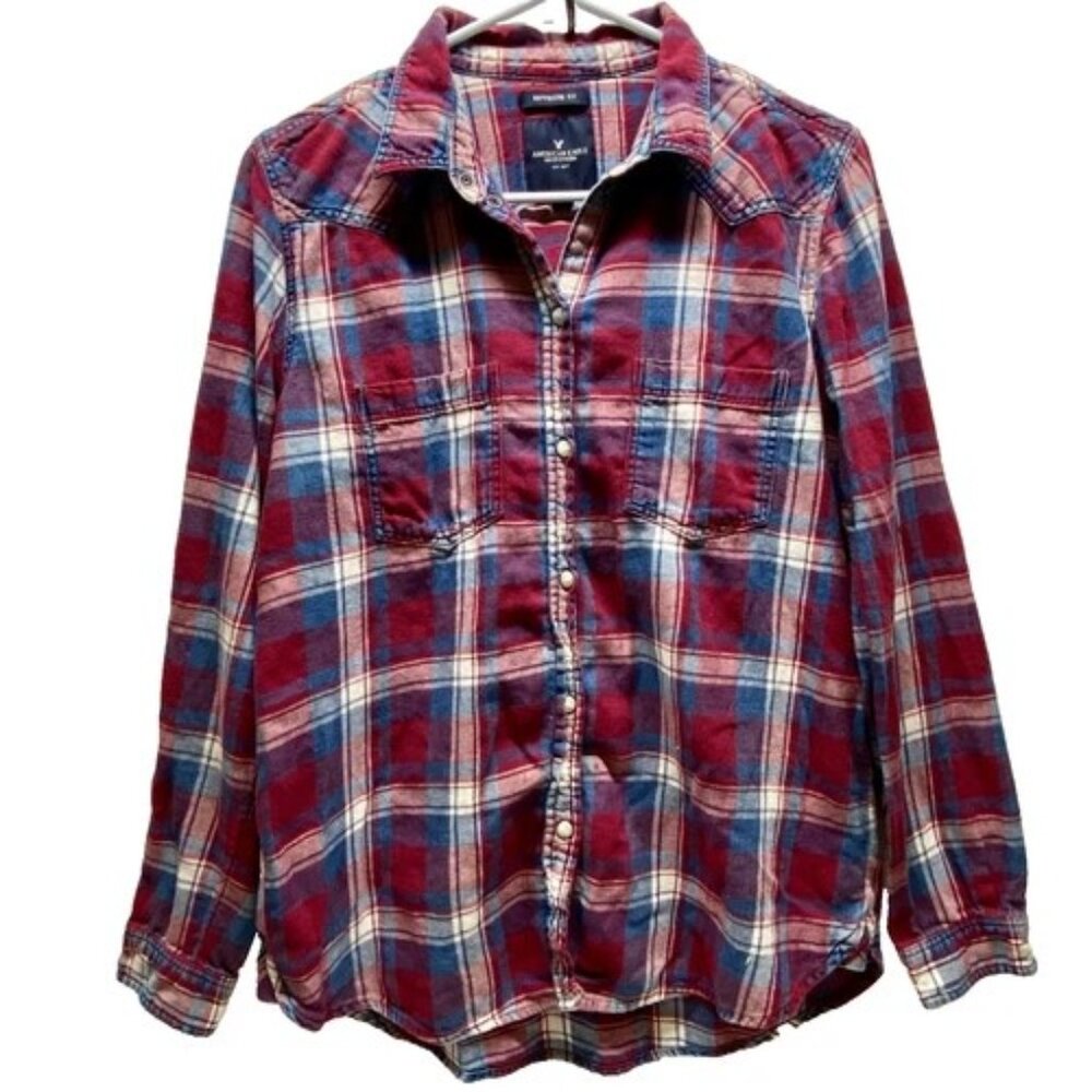American Eagle Boyfriend Flannel Women's Medium Maroon AEO Western Pearl Snap